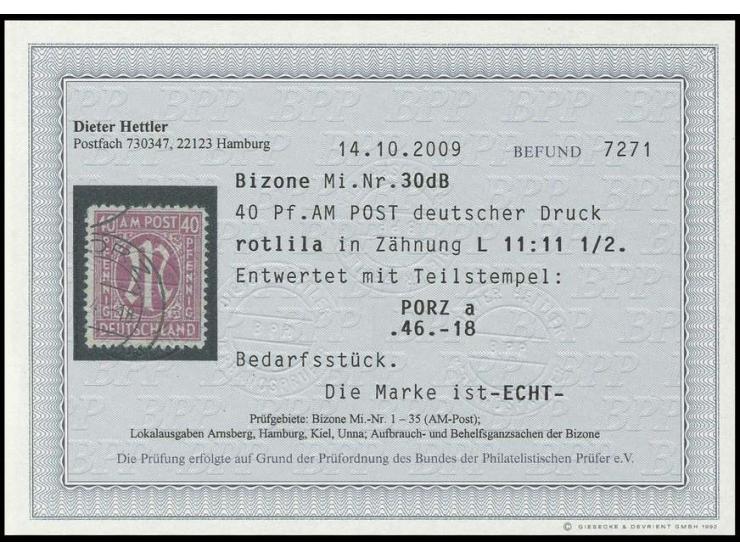 40 Pfg. rotlila in Zähnung 11:11½, sauber entwertet mit Teilstempel "PORZ", seltene Marke, Fotobefund Hettler BPP (Mi. 1.200,
