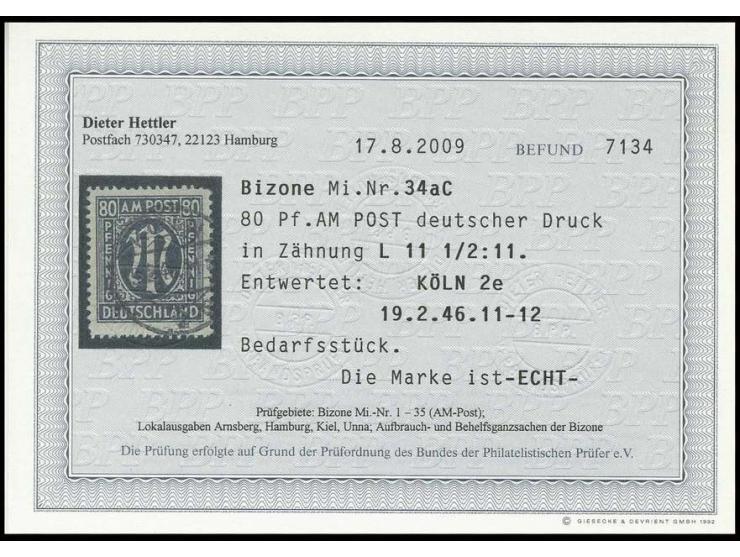 80 Pfg. schwarzviolettultramarin in Zähnung 11½:11 mit Stempel "KÖLN", Fotobefund Hettler BPP (Mi. 400,-)
