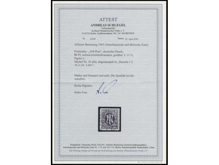 80 Pfg. in Zähnung 11½ mit Stempel "HAMELN 9.11.45", Fotoattest A. Schlegel BPP (Mi. 550,-)