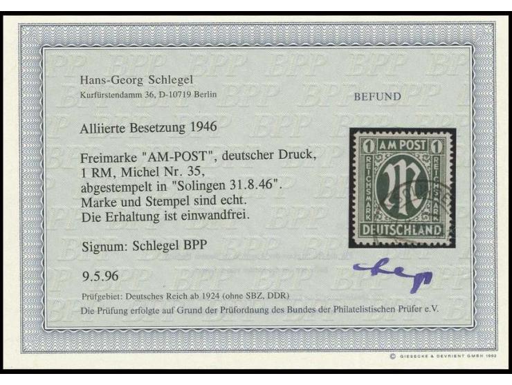 1 M. mit Stempel "SOLINGEN 31.8.46", Fotobefund Schlegel BPP (Mi. 650,-)