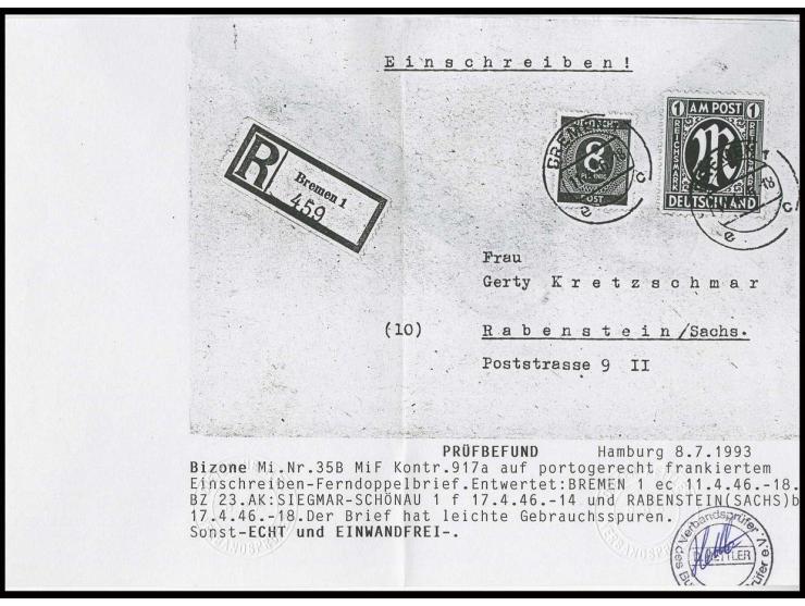 1 M. in Mischfrankatur mit Ziffer 8 Pfg. als portogerechte Frankatur auf R-Brief von "BREMEN 11.4.46" nach Rabenstein, Ankunf