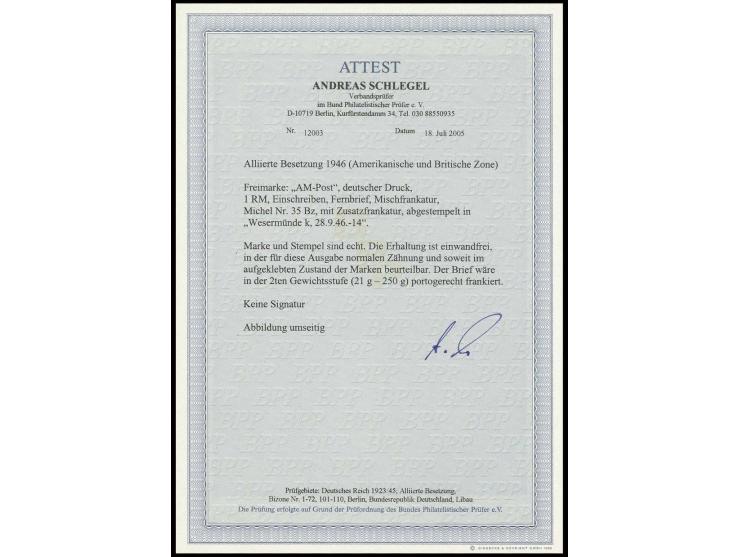 1 M., sauber gestempelt "WESERMÜNDE 28.9.46" auf R-Brief der 2. Gewichtsstufe nach Albersdorf mit Ankunftsstempel, tadellose 