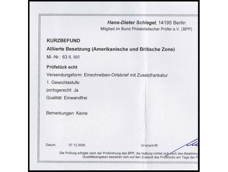 4 Pfg. mit portogerechter Zufrankatur auf R-Ortsbrief aus "WUPPERTAL-ELBERFELD 8 11.9.48", Ankunftsstempel, Kurzbefund D. Sch