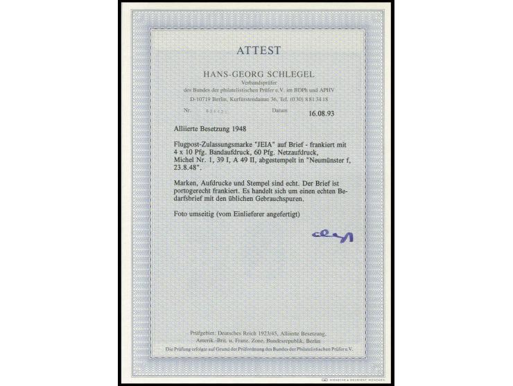 Flugpost-Zulassungsmarke 1948 mit Stempel "NEUMÜNSTER 23.8." auf Luftpostbrief mit 4 Stück Arbeiter mit Bandaufdruck 10 Pfg. 