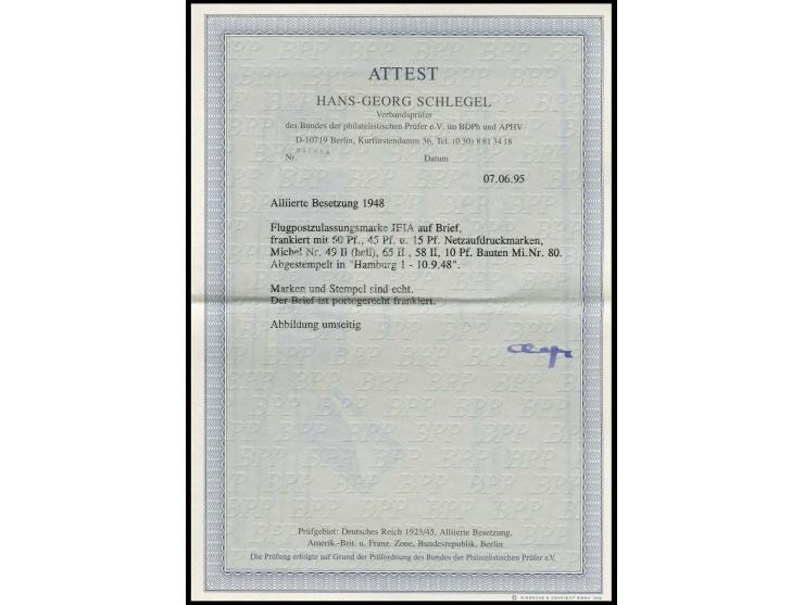 Luftpostbrief bis 20 gr. aus "HAMBURG 10.9." mit Mischfrankatur Bauten 10 Pfg., Ziffer mit Netzaufdruck 15 Pfg. grün und 45 P
