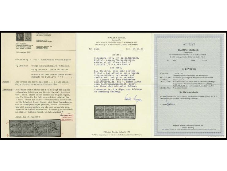 1861, Ausgabe auf weißem Papier ¼ Groschen orange im waagerechten 4er-Streifen, farbfrisch und voll- bis meist breitrandig, s