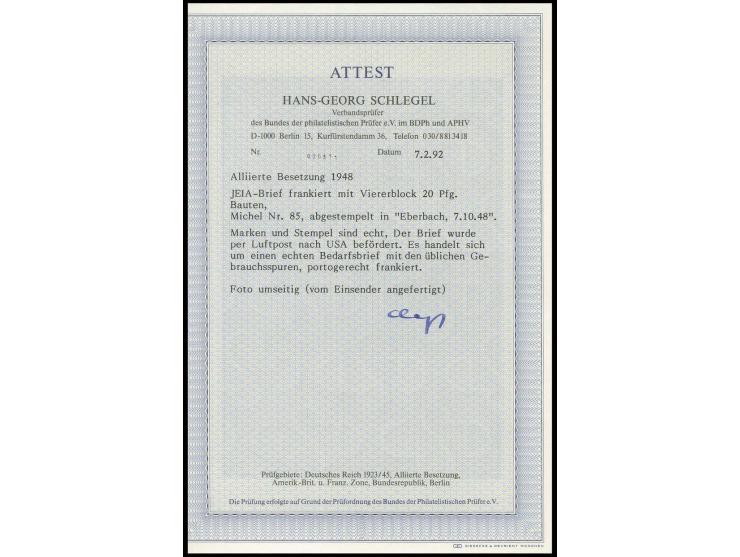 Luftpostbrief von "EBERBACH 7.10." mit Viererblock Bauten 20 Pfg. rot mit Oberrand in die USA, leichte Randspuren, Fotoattest