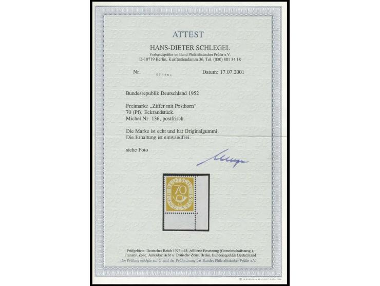 70 Pfg., rechtes unteres Eckrandstück, postfrisch in perfekter Erhaltung, Fotoattest H.-D. Schlegel BPP (Mi. ca. 750,-)