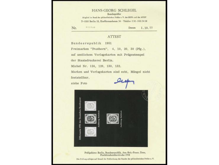 4, 10, 20 und 30 Pfg. auf Ankündigungskarton der Bundesdruckerei mit Trockensiegel, Pergaminpapier im Rand fehlerhaft und kle