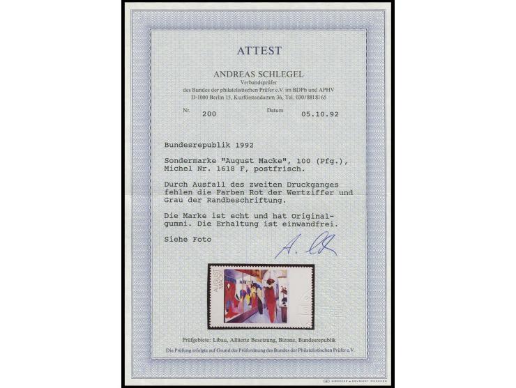 1992, Malerei 100 Pfg. mit Abart "Farben Rot und Grüngrau fehlend", postfrisch, Fotoattest Schlegel, A. BPP (Mi. ohne Preis)