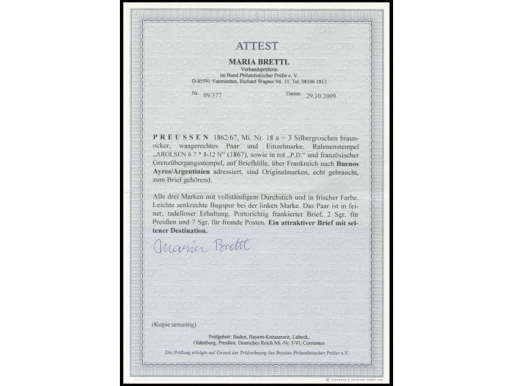 3 Silbergroschen braunocker, waagerechtes Paar und Einzelmarke, mit sauberem Rahmenstempel "AROLSEN 6 7" (1867) auf Briefhüll