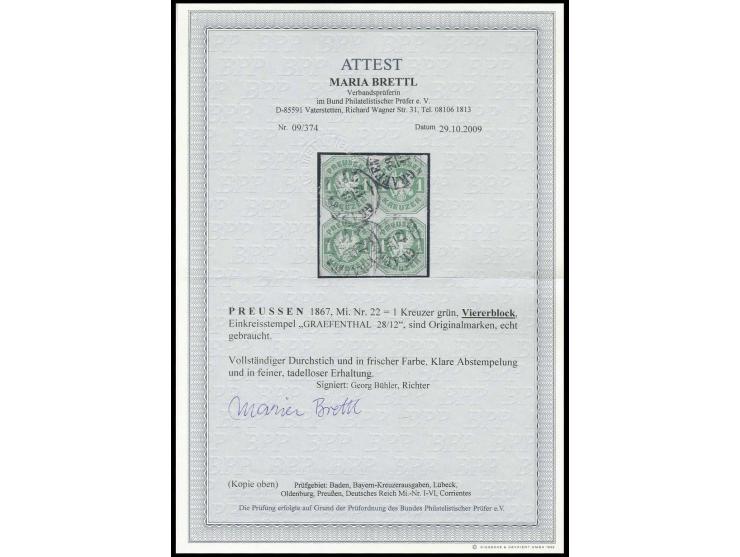 1867, Kreuzer-Ausgabe 1 Kreuzer smaragdgrün im 4er-Block, farbfrisch und einwandfrei durchstochen, entwertet durch Taxis-Eink