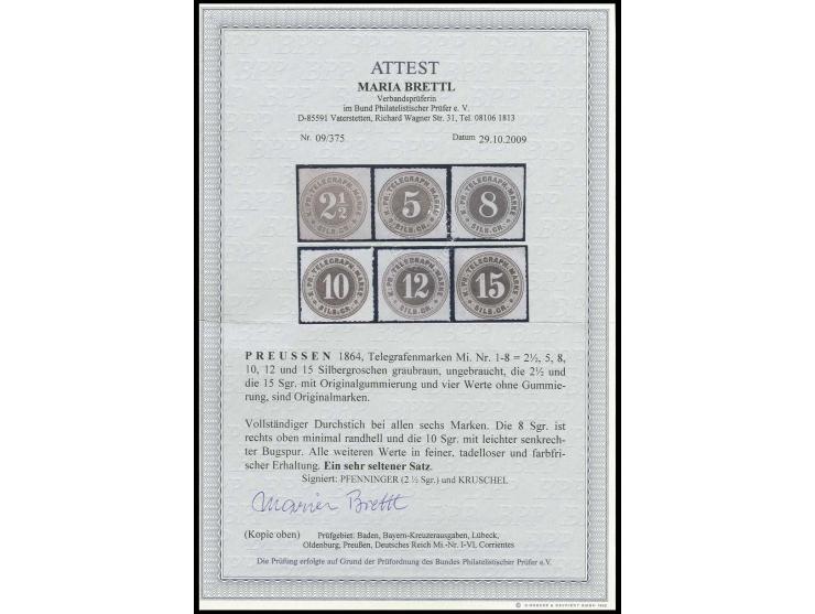TELEGRAFENMARKEN: 1864, 2 ½  bis 15 Silbergroschen graubraun, alle 6 Werte komplett, ungebraucht, die 2 ½  und 15-Silbergrosc