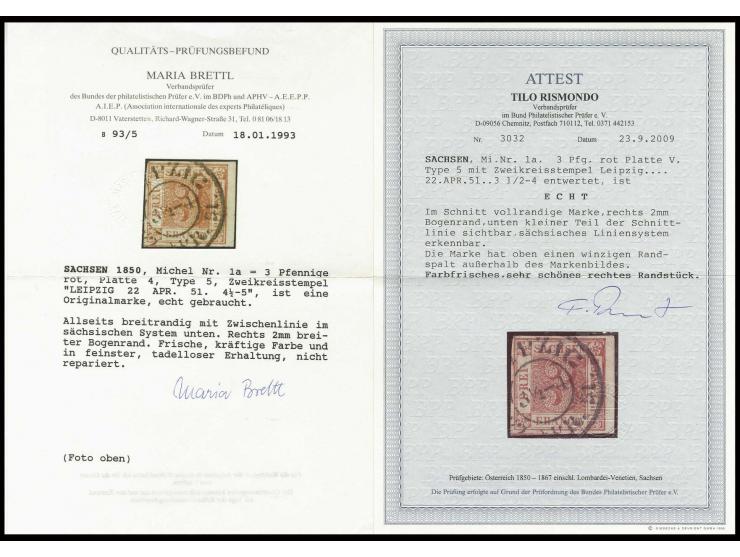 3 Pfennige rot, Platte V, Type 5, besonders schöne leuchtend frische Farbe und allseits voll- bis meist breitrandig, rechts m