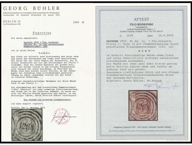 3 Pfennige braunrot, Platte I, Type 14, schöne tiefe Farbe und allseits breit gerandet, dreiseitig mit Schnittlinien, daran s