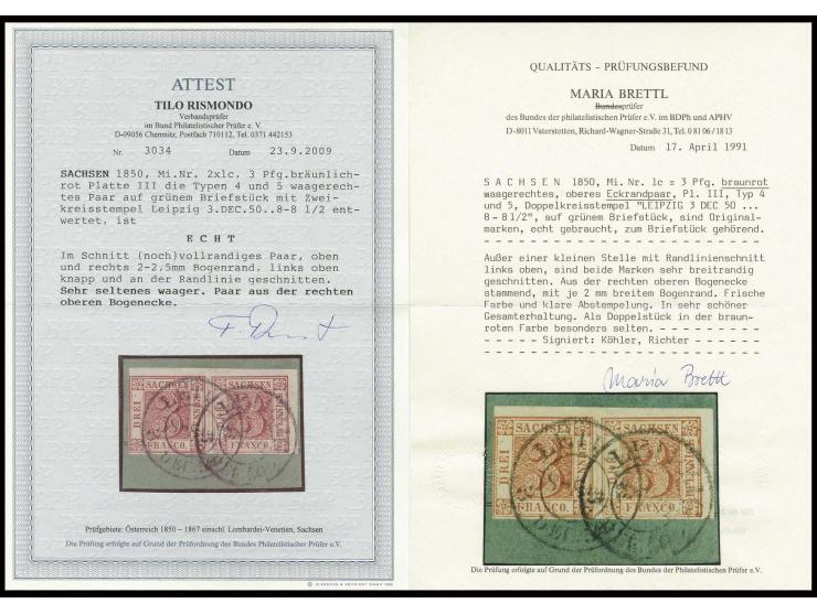 3 Pfennig braunrot, Platte III, waagerechtes Paar der Typen 4 und 5, links lupenrandig, sonst voll- bis überrandig mit 2-2,5 