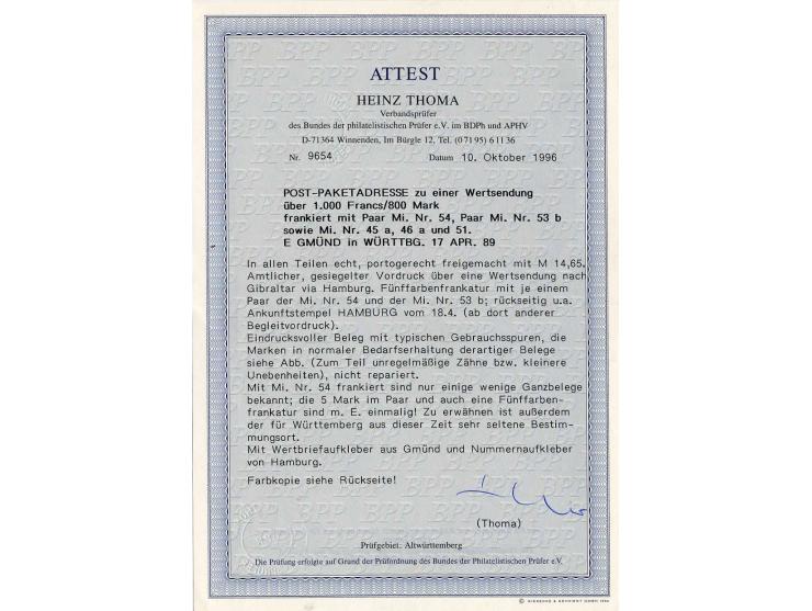 1881, 5 Mark mittelgrünlichblau/schwarz im waagerechten Paar, zusammen mit waagerechtem Paar 2 Mark gelborange/schwarz sowie 
