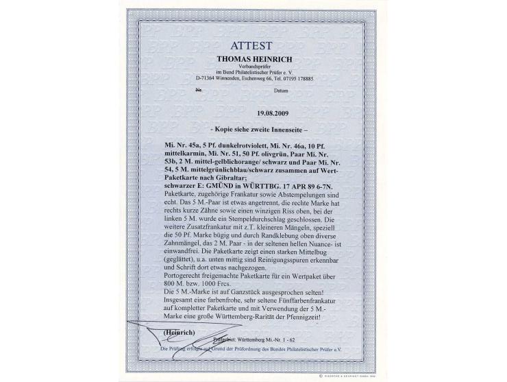 1881, 5 Mark mittelgrünlichblau/schwarz im waagerechten Paar, zusammen mit waagerechtem Paar 2 Mark gelborange/schwarz sowie 