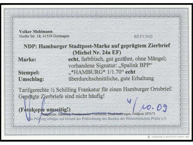 ½ Schilling lilabraun, farbfrisch und gut gezähnt mit sauberem EKr. "HAMBURG 1 1 70" auf sehr schön farblos geprägtem kleinem