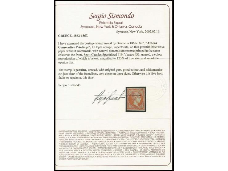 10 l. orange on greenish, unused o.g., certificate Sismondo