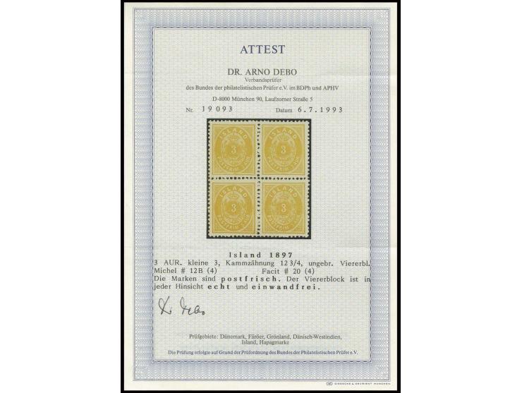 1882, 3 a. yellow, perf. 12 3/4 in block of four, fresh colour in flawless condition, unhinged mint, very fine, certificate D
