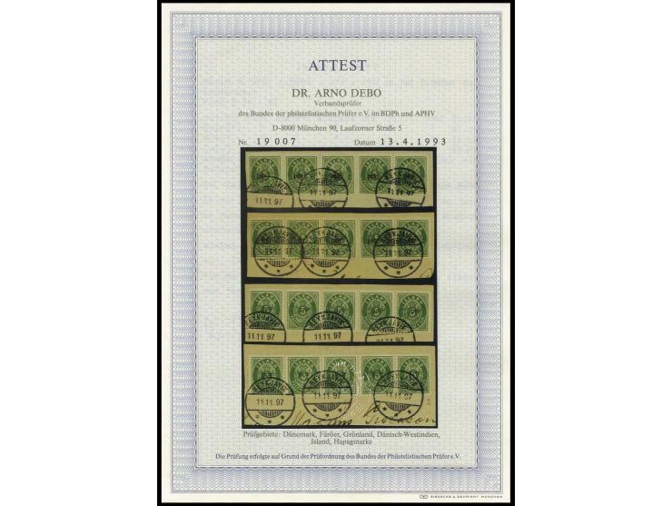 3 on 5 a., type I,  strip of five, tied by  date stamp "REYKJAVIK 11.11.97" to piece, vertical fold  through perforation betw