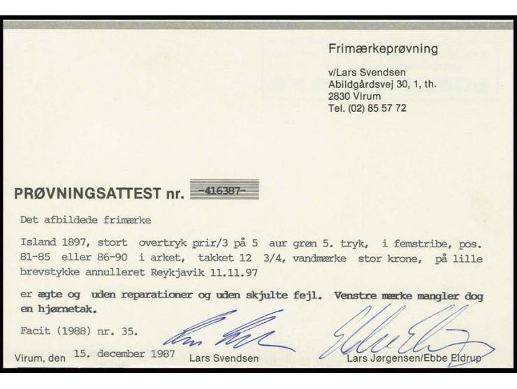 Small overprint 3 on 5 a., horizontal strip of five tied by  date stamp "REYKJAVIK 11.11.97" to piece, left stamp corner perf