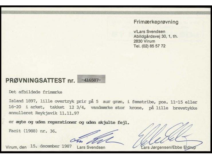 5a., horizontal strip of five tied by  date stamp "REYKJAVIK 11.11.97" to piece, fine and fresh; scarce, certificate Svendsen