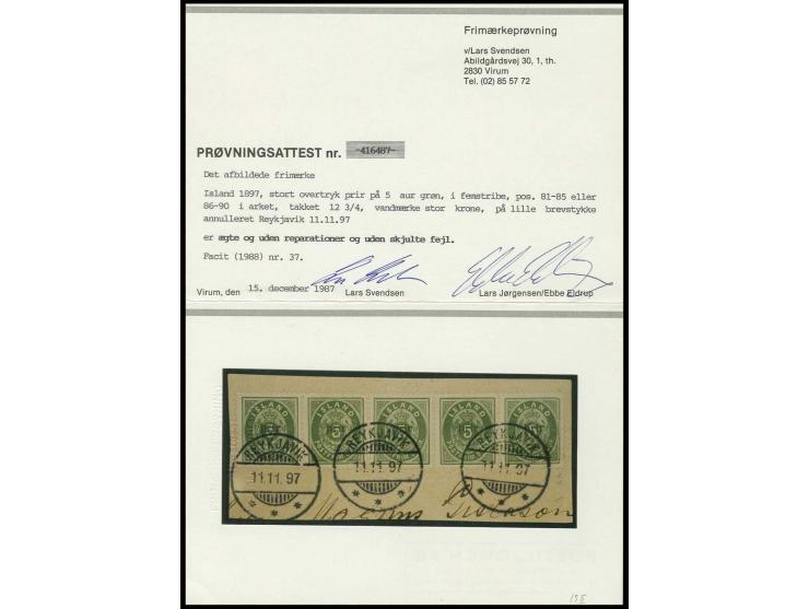 5 a., horizontal strip of five tied by  date stamp "REYKJAVIK 11.11.97" to piece, fine and fresh; scarce, certificate Svendse