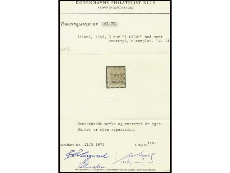 1902, "Gildi" overprint, perforation 14:13½: 3 a. brown-orange, unused, fine, Kobenhavns Philatelist Klub certificate (Mi. 1.