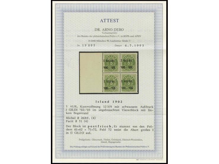 Perf. 12 3/4: 5 a. green with overprint in black, block of four from the left sheet margin, unhinged mint, very fine, sign. G