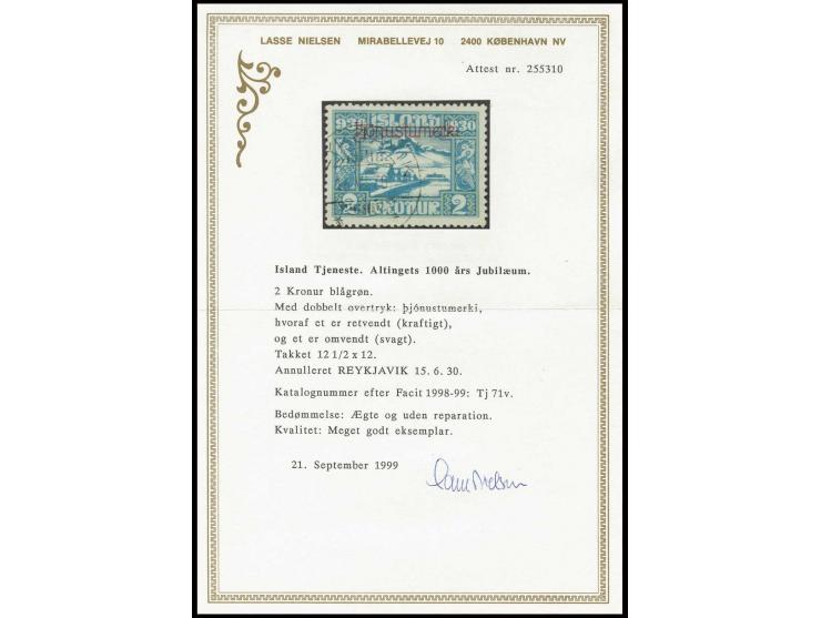 2 kr. with double overprint, one inverted, cancelled "REYKJAVIK 15.VI.30"; in used condition very rare stamp, less than 5 kno