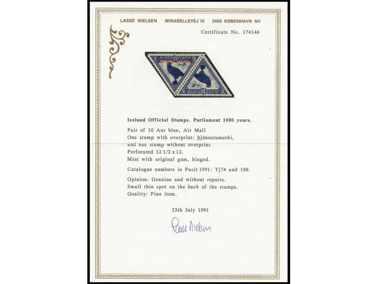 Airmail 10 a. in horizontal pair, one stamp without overprint, unused, small thin spot; very rare, certificate Nielsen (Facit
