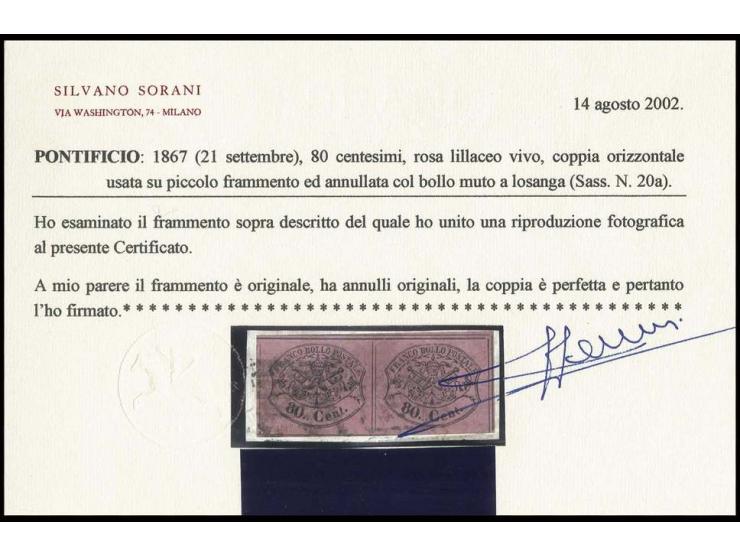 1867, 80 C. rose in horizontal pair on piece, on three sides with full margins, touched at bottom, certificate Sorani (Sasson