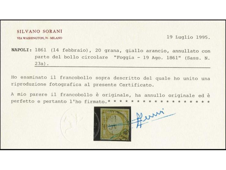1861, ½-20 gr. cpl., used, partly on small piece in good condition, until 1 gr. signed Sorani BPP with certificate for 20 gr.