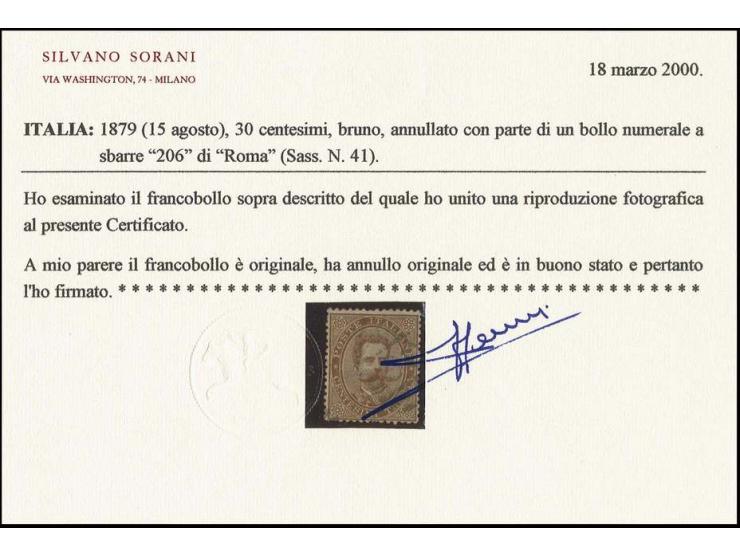 1879, Umberto 30 c. dark brown with numeral "206" ROME, fine, signed and certificate Sorani (Mi. 1.750,-)