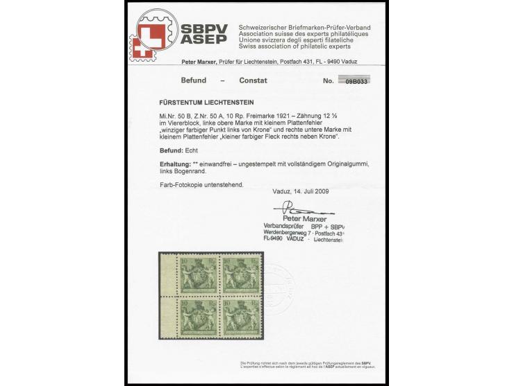 Zähnung B: 10 Rp. im linken Rand-4er-Block, postfrisch, laut Fotobefund Marxer BPP enthält der Block zwei kleine und im Miche