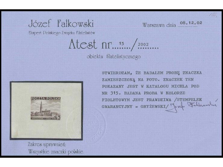 1937, Jasna Gora, imperforated proof in light violet with large margins, unused without gum, sign. Gryzewski and Falkowski ce