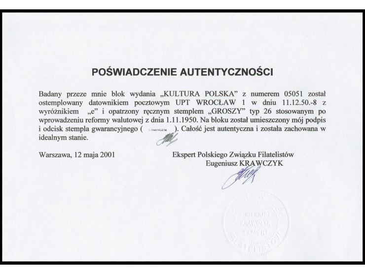 Culture souvenir sheet with handstamp "GROSZY" in type 26, cancelled "WROCLAW 11 12 50", fine, sign. Krawczyk with certificat