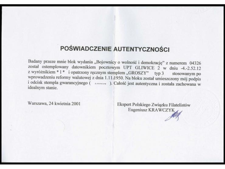 Roosevelt souvenir sheet with handstamp "GROSZY" in type 3, cancelled "GLIWICE 2 /4.2.52", fine, signed Krawczyk with certifi