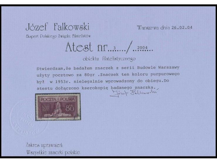 1953, Warschau rebuilding 80 gr., proof in purple, used, Falkowski certificate (Fischer no. 686s)