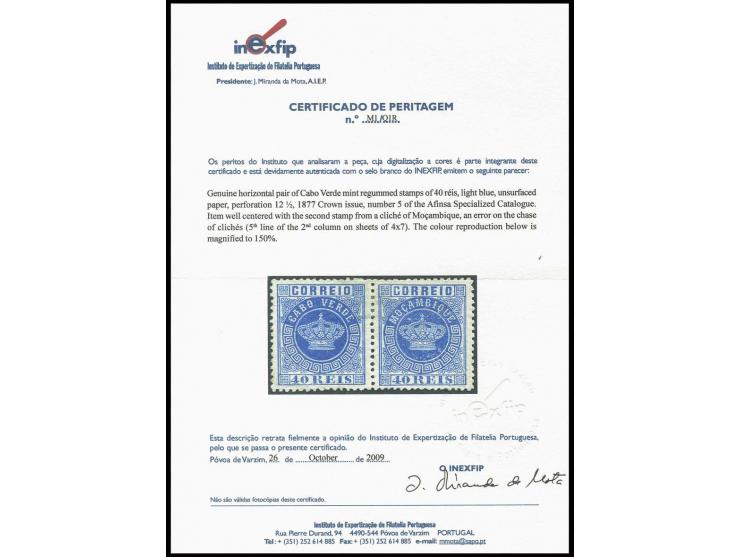 1877, 40 r. blue, perf. 12½, horizontal pair, the right stamp with inscription "MOZAMBIQUE", unused, regummed, otherwise fine