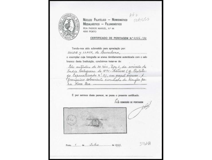 20 r. light carmine, tied by manuscript and numeral "5" to reverse of small cover from "MARGAO 12/11 1871" to Pangim with adj