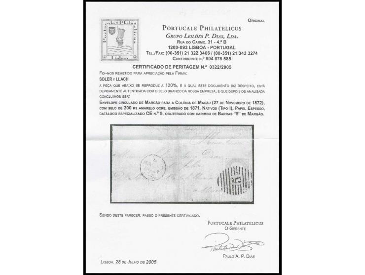 200 r. ocre, tied by clear numeral "5" to small envelope from "MARGAO 29 10 1872" to Macao with arrival mark of the British P