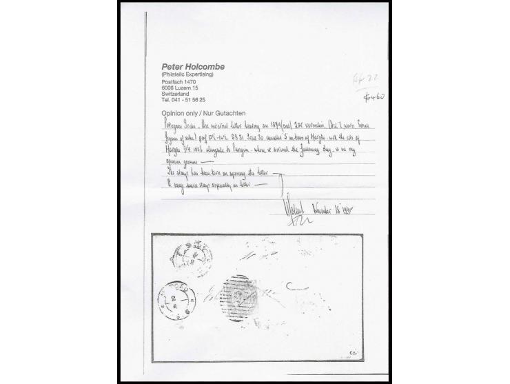 20 r. vermilion, tied by numeral "5" to reverse of envelope from Margao to Pangim; the stamp was torn by opening and has been