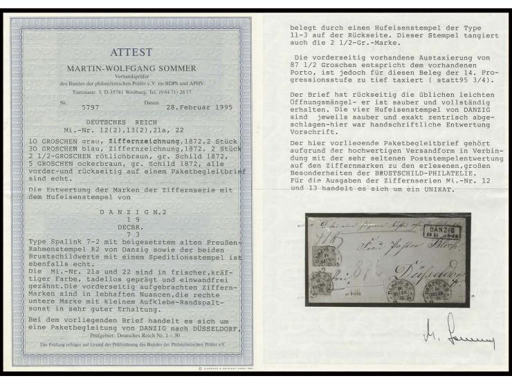 10 Groschen gelblichgrau und 30 Groschen grauultramarin , je 2 Einzelwerte mit klaren Hufeisenstempeln "DANZIG N.2 19 DECBR. 