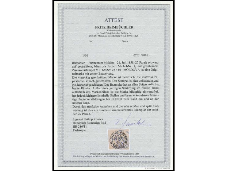 1858, Bull's heads 27 par. on rose, cut square with good to wide margins and fresh colour, cancelled by greenish blue double 