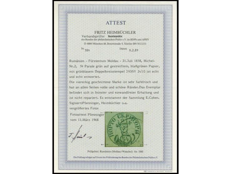 54 par. on blue/green, good to wide margins all around, cancelled by greenish blue cds. of   "JASSY"; a very nice copy with f