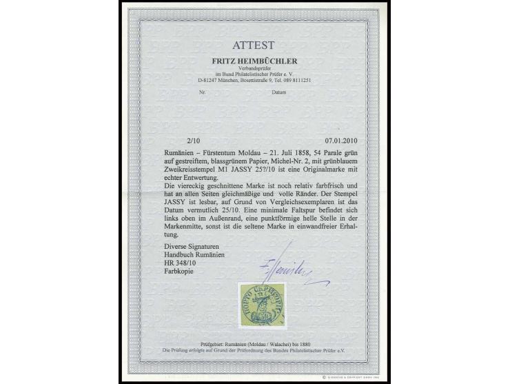 54 par. green on greenish,  cut square with equal good margins, cancelled by clear blue cds. of Jassy; at upper left in the m