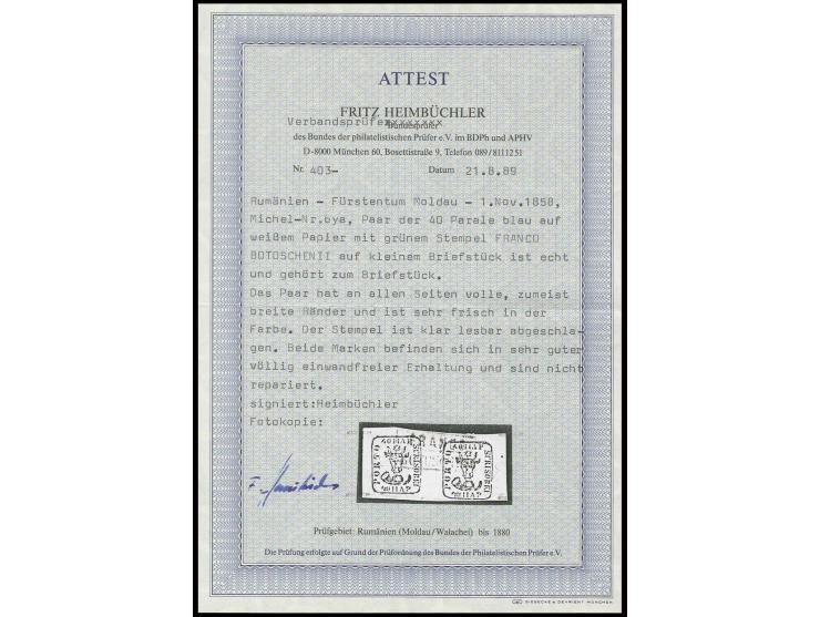 40 par. blue, horizontal pair with good to wide margins, cancelled by green "FRANCO BOTOSCHENII" on small piece, fine, signed